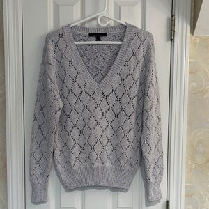 White House Black Market Gray V-Neck Knit Sweater with Metallic Threads